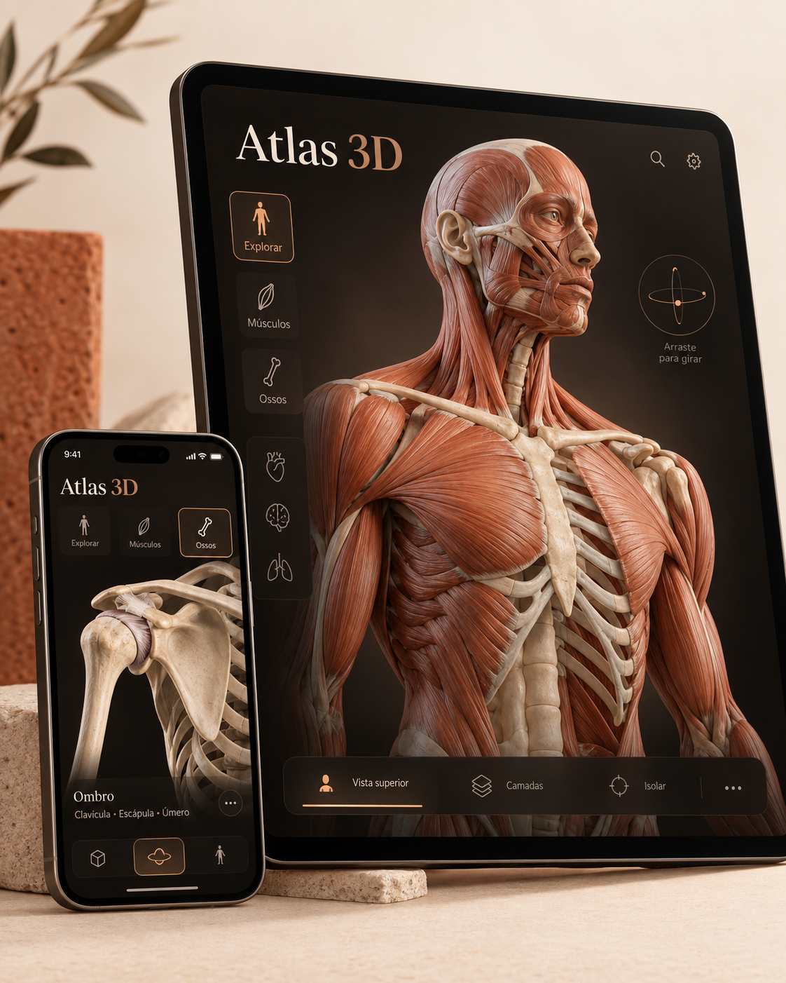 Ilustração do Atlas 3D em tablet e celular
